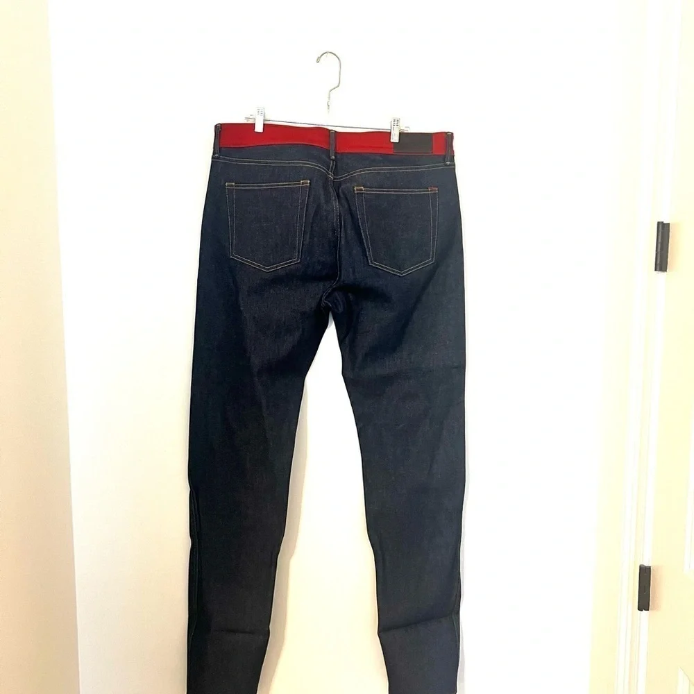 Trinidad3 - Men’s Dark Wash Jeans with Red Accents Straight Leg Waist 38